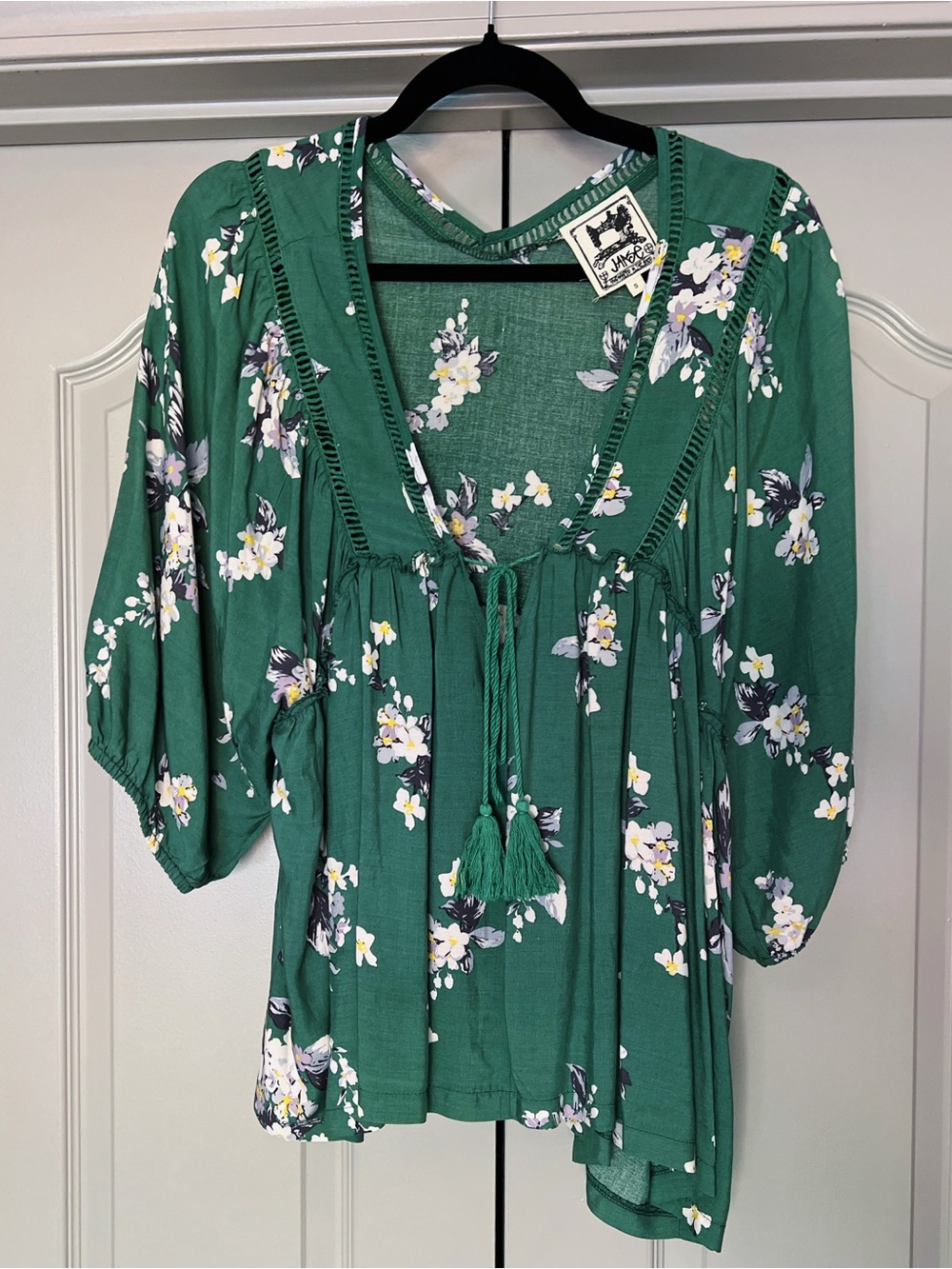 Jaase Boho Cottagecore Floral Peasant Blouse Green Tassel Tie Tunic Top Size S
